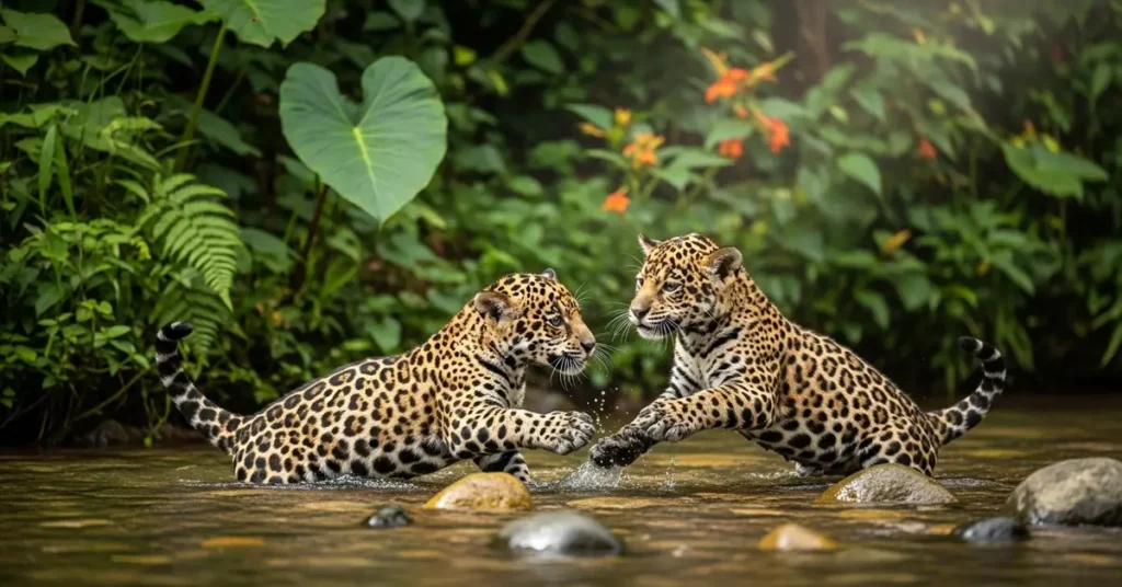 Filhotes de Onça Pintada Brincando em Um Riacho