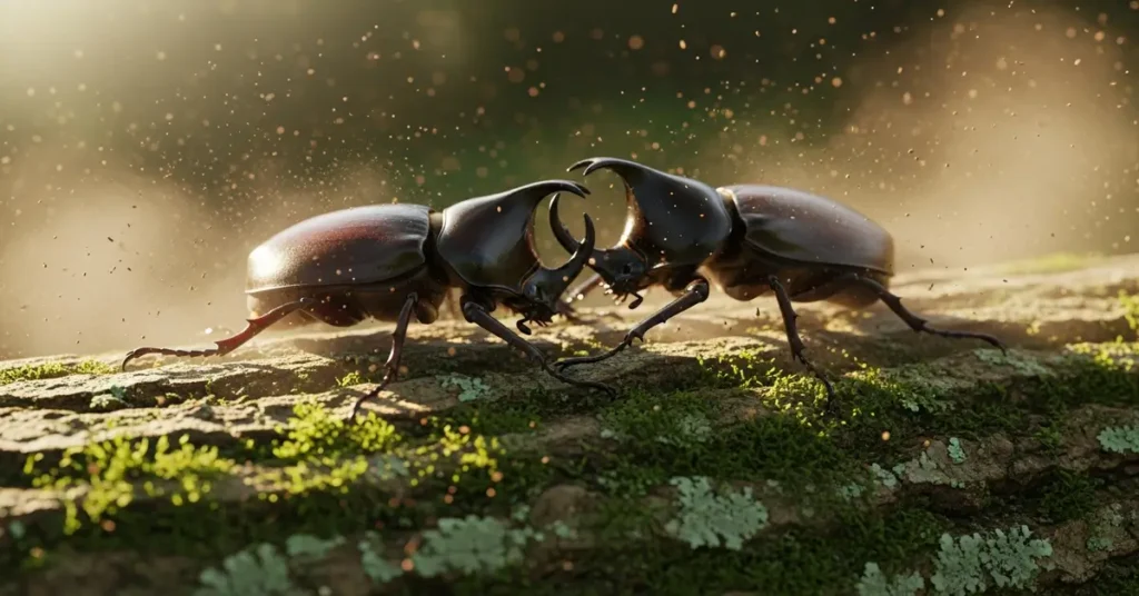 Dois Besouros Rinocerontes Em uma Luta Brutal