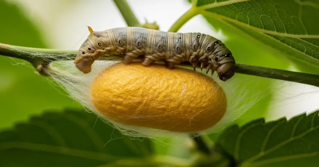 Casulo do Bicho da Seda e Um Bicho da Seda em Fase de Lagarta