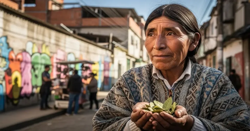 Andino Segurando Folhas da Planta da Coca