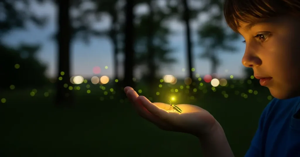 Criança fascinada Com Vagalumes ao sua Volta e Na sua Palma