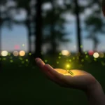 Criança fascinada Com Vagalumes ao sua Volta e Na sua Palma