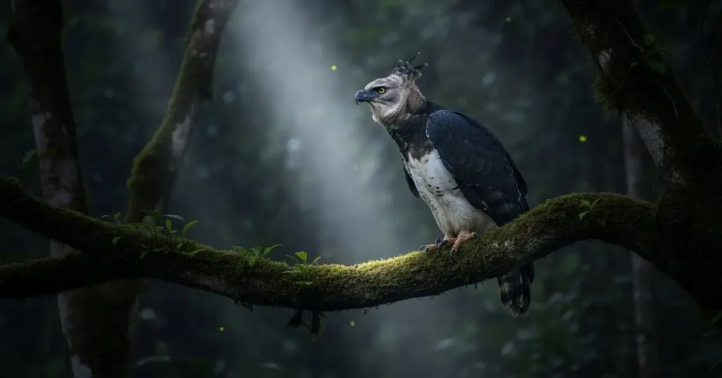 Harpia Real Sobe a Luz da Lua na Mata Amazônica