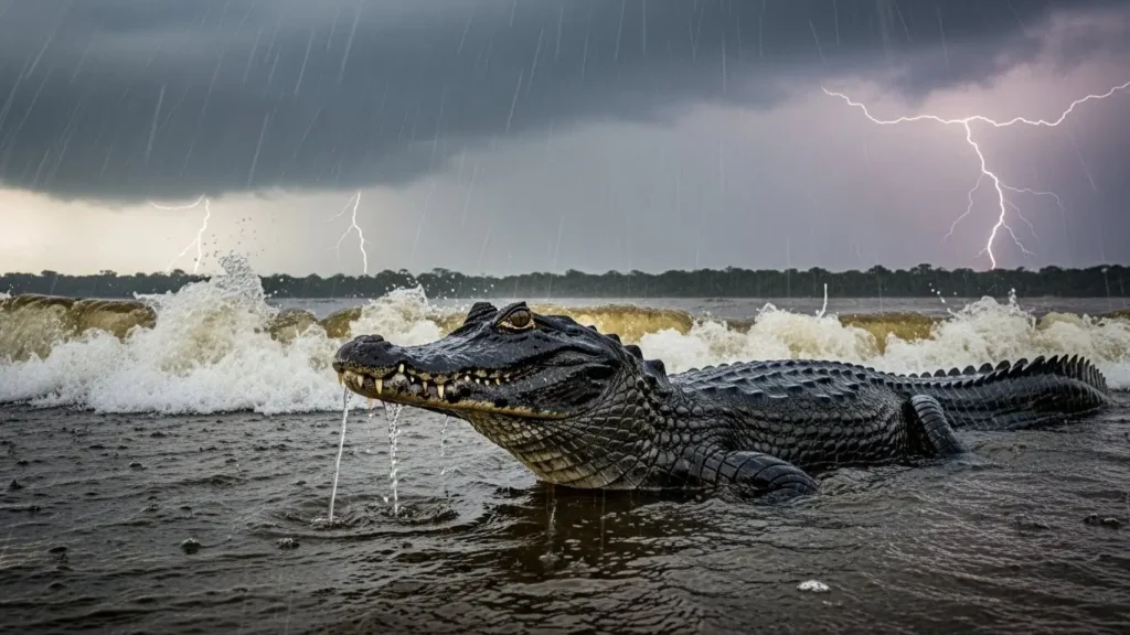Jacaré Açu em Meio as Tempestades da Natureza no Rio Amazonas