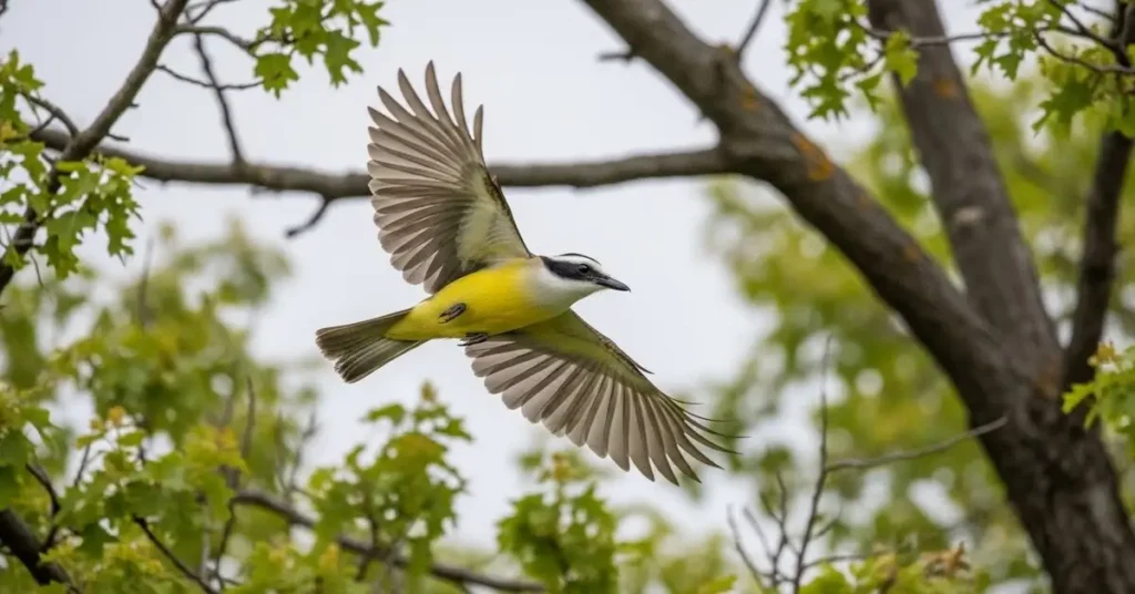Foto do bem te vi voando entre as árvores